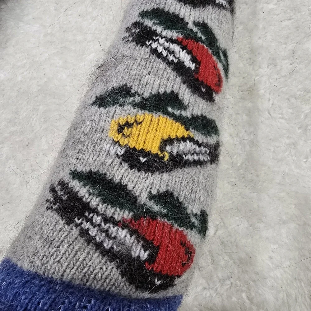 Handmade 100% Natural Goat Down Socks Fuzzy Warm‎ Wool Knitted Bird Motif Large